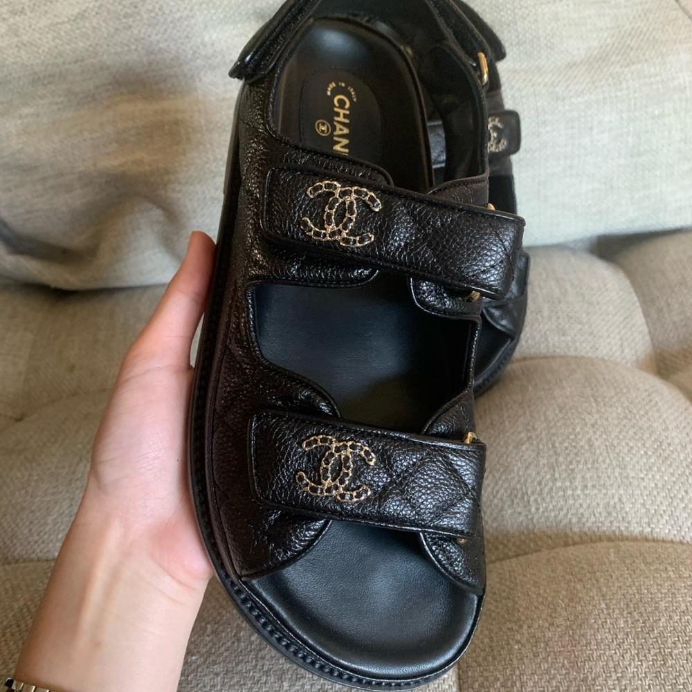 Chanel Dad Sandals Black Caviar Dad Sandal GoldCC Logo Mule Slide Flat size37.5 - Picture 5 of 10